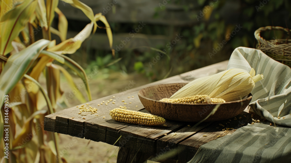 Sticker Freshly picked corn cobs rest on a weathered farm table.