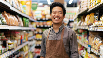 Fototapeta premium Grinning grocery store worker, exuding warm customer service charm.