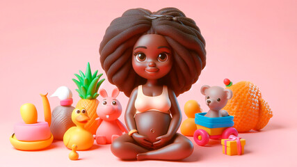 Fototapeta premium Toy happy pregnant woman. 3d rendering.