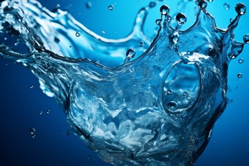 Clear water splash with dynamic droplets isolated against a deep blue backdrop