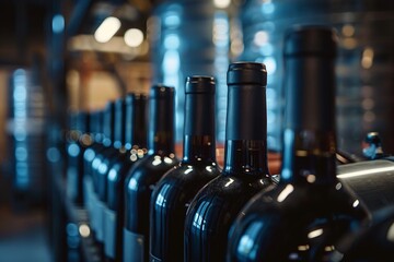 View of glass bottles on the conveyor belt, bottle necks on the production line, brewery equipment, inside wine factory
