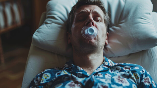 Man with sleep apnea using CPAP machine for a sound night's rest.