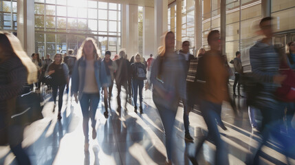 Obraz premium Commuters flood through the sunlit atrium, a lively start to the workday hustle.
