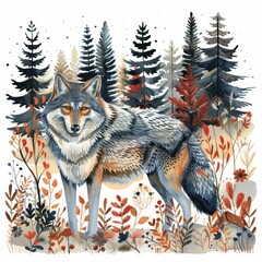 Mystical Scandinavian Landscape with Wolf in Watercolor Style Generative AI