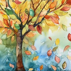 Watercolor Tree with Leaves, Nature Scene Generative AI