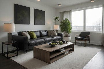 Spacious Modern Living Room with Black Leather Couch, Green Plants, and Minimalist Artwork