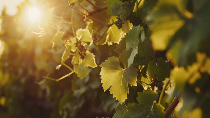 Golden sunrise highlighting a vineyard ready for harvest.