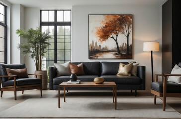 Chic Urban Living Room with Large Cityscape Art, Black Leather Sofas, and Wooden Furniture