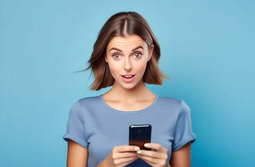 Fototapeta premium Portrait of a surprised girl with a smartphone in her hands with a curious expression on a blue pastel background