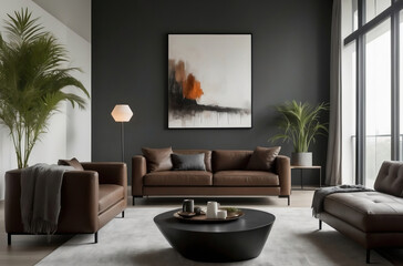 Modern Living Room Design with Sleek Leather Sofas and Abstract Art on Dark Walls
