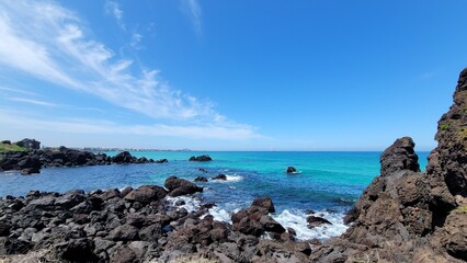 Handam Coastal Trail, Jeju Island, Korea, beach, blue sea, blue sky, beach