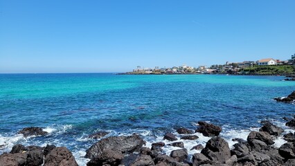 Handam Coastal Trail, Jeju Island, Korea, beach, blue sea, blue sky, beach