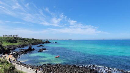 Handam Coastal Trail, Jeju Island, Korea, beach, blue sea, blue sky, beach