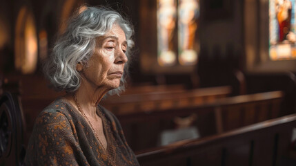 Obraz premium Portrait of a sad mature woman in church. A woman at a funeral ceremony, a widow.