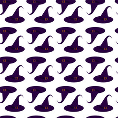 Purple witch hat with buckle. Seamless pattern. Vector illustration.