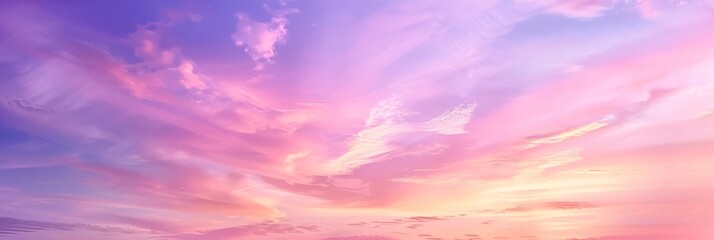 Panoramic photo, view of a pink and purple sky at sunset. Sky panorama background, header and web banner