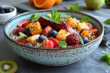 colorful breakfast bowl, quinoa with mixed fruits and mint leaves