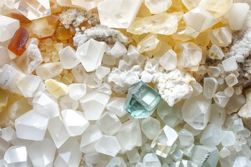 beautiful pure white rock mine of precious subtle colored minerals, malachite and amber gems, flat lay ivory background
