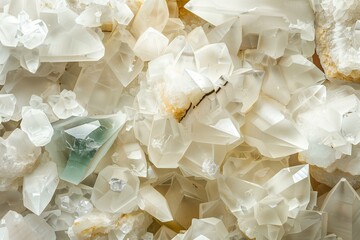 beautiful pure white rock mine of precious subtle colored minerals, malachite and amber gems, flat lay ivory background