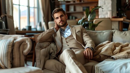 Obraz premium A well-dressed man in a light brown suit sits comfortably on a couch in his living room.