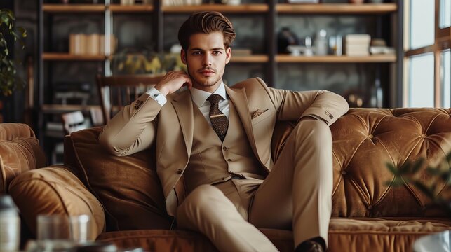 A well-dressed man in a light brown suit sits comfortably on a couch in his living room.