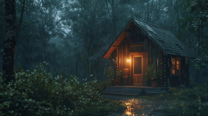 A cozy cabin lit warmly contrasts with the cold, dark, rainy forest surrounding it.