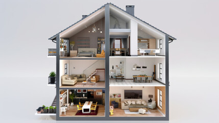 Modern open-concept home interior model reveals a stylish three-story layout.