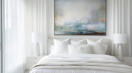 A tranquil white bedroom with a plush white bed and soft white walls. Above the bed hangs a large abstract painting in subtle shades of gray and blue, adding a touch of color. Gentle morning light