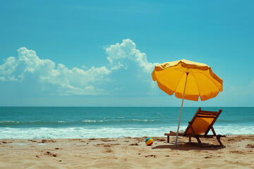 A picturesque view of a sandy beach, showcasing a lone beach chair under a cheery yellow umbrella, with a playful ball adding a pop of color.