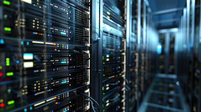 The heart of technology: a server room with arrays of blinking lights.