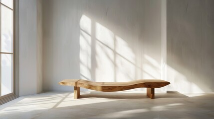 An open space with pristine white walls and a modern sculptural wood bench, placed subtly near a large window. Soft shadows dance across the floor, highlighting the wooden texture. Created Using: