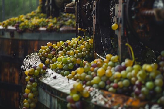 Winemakers farmers making wine of grape in traditional winepress
