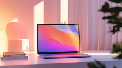 A neat office desk from a slight angle, showing a laptop with an abstract art screensaver and a plain notebook, all set on a clean white tabletop. Soft diffused lighting from the side highlights the