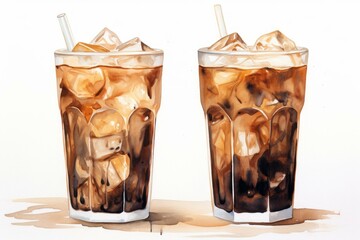 Realistic hand-drawn iced coffee watercolor illustration with glasses. Ice cubes. And straws. Showcasing the cold. Refreshing. And trendy beverage. Perfect for summer indulgence and gourmet enjoyment