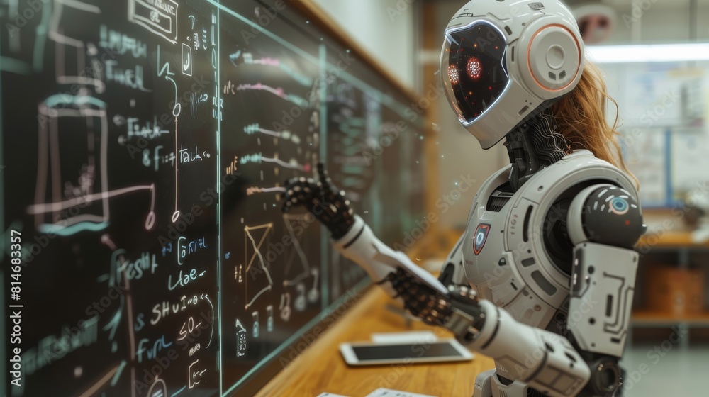 Poster Artificial intelligence tutoring students through a virtual classroom, showing AI robot teaching and interactive digital blackboard. Generative AI.