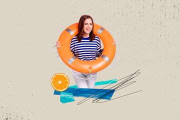 Composite photo collage of happy girl sailor hold sos lifebuoy orange tropical vacation summer...