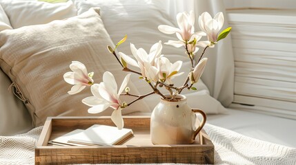 Elegance Unveiled: White Magnolia Flowers Adorning Wooden Tray