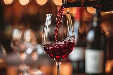 Waiter pouring red wine in a glass in night
