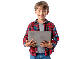 Young Boy with Laptop on Transparent Background