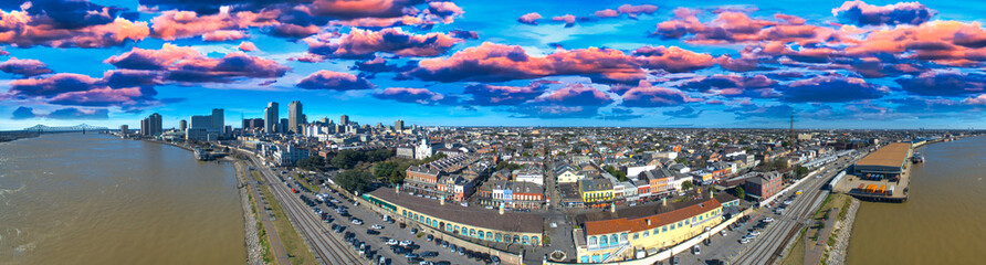 Panoramic aerial view of New Orleans skyline at sunset, Louisiana