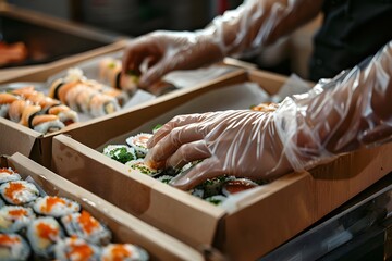 Close-up of a professional chef's hands folding fresh sushi rolls after cooking in a restaurant...