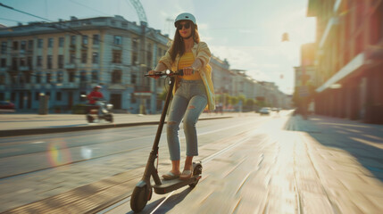 Naklejka premium Woman in stylish attire enjoying a scooter ride on a sun-kissed city street.