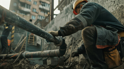 Construction worker connecting pipes, immersed in demanding fieldwork.