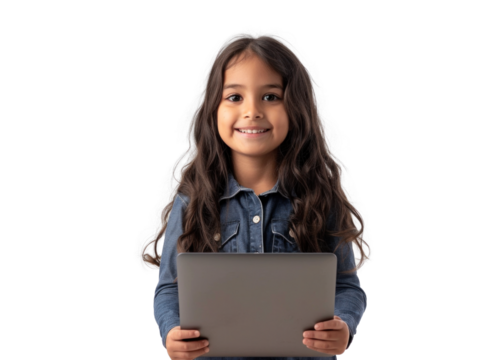 Young Girl with Tablet on Transparent Background