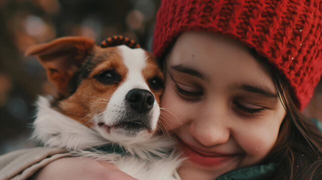 Smiling girl cherishing a heartfelt moment with her adored dog in winter attire.