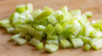 Chopped Celery Cubes on Wooden Board Close Up