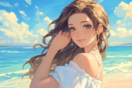 Anime girl, summer concept, sun and beach, illustration, digital art