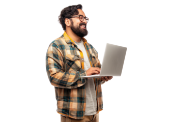 Smiling Man with Laptop on Transparent Background