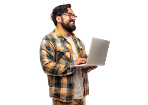 Smiling Man with Laptop on Transparent Background