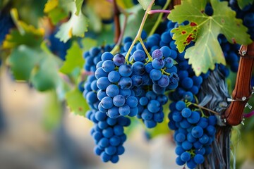 Large bunches of wine grapes hang from an vine in warm afternoon light